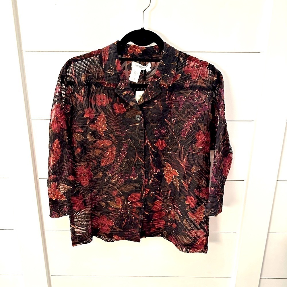 NWT SP COLDWATER CREEK black-red botanical leaf sheer coastal classic blouse